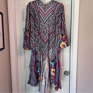 Umgee Duster Kimono Womens Plus L Long Bell Sleeve purple Floral Festive EUC